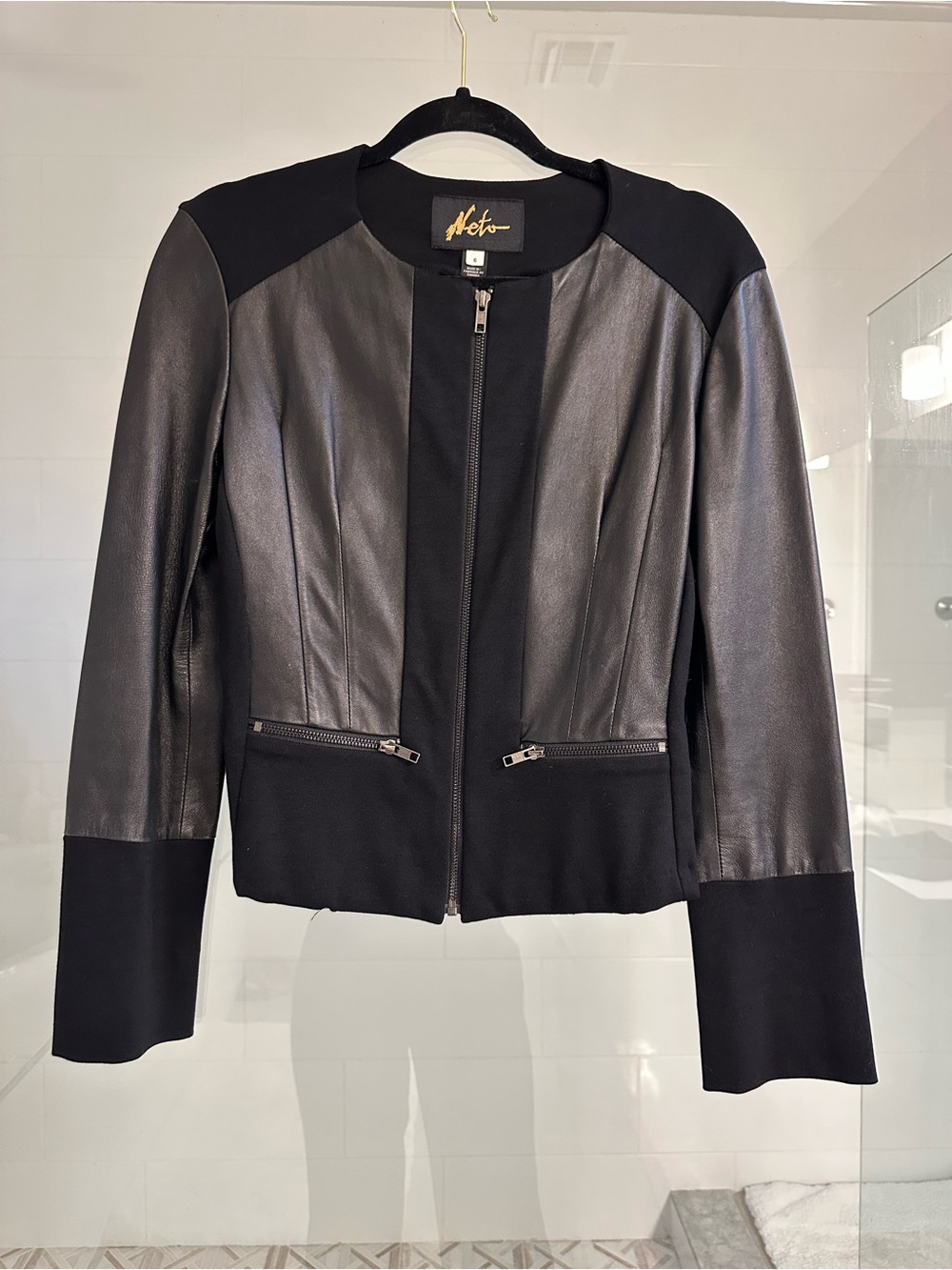 NETO Black Leather-Panel Zip Front Jacket